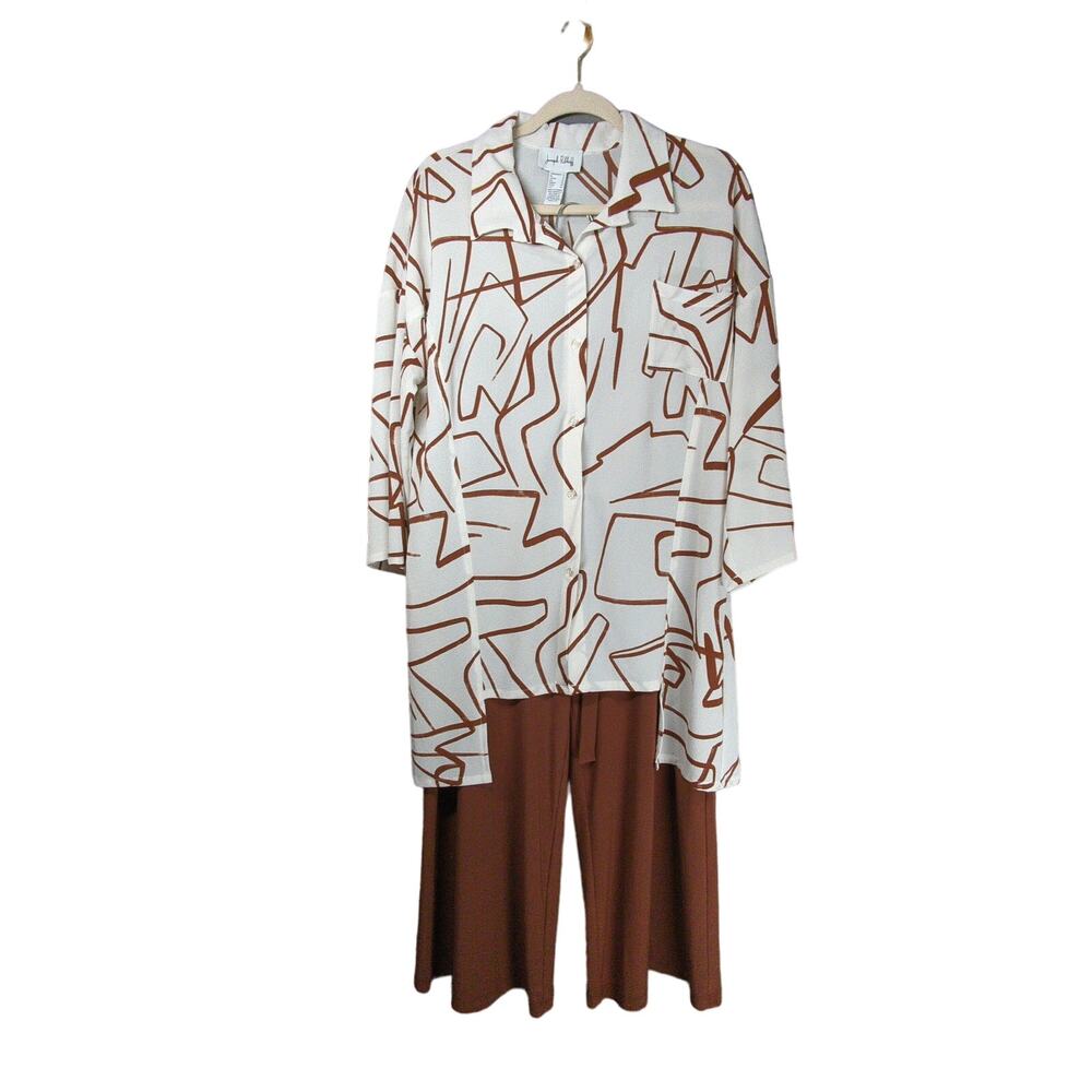 Joseph Ribkoff 2 Piece Set Womens 10 White Brown Asymmetrical Abstract‎ Art